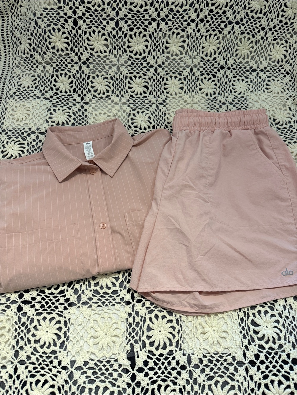 ALO Yoga Pinstripe Daylight Longsleeve Button Down & Short Set